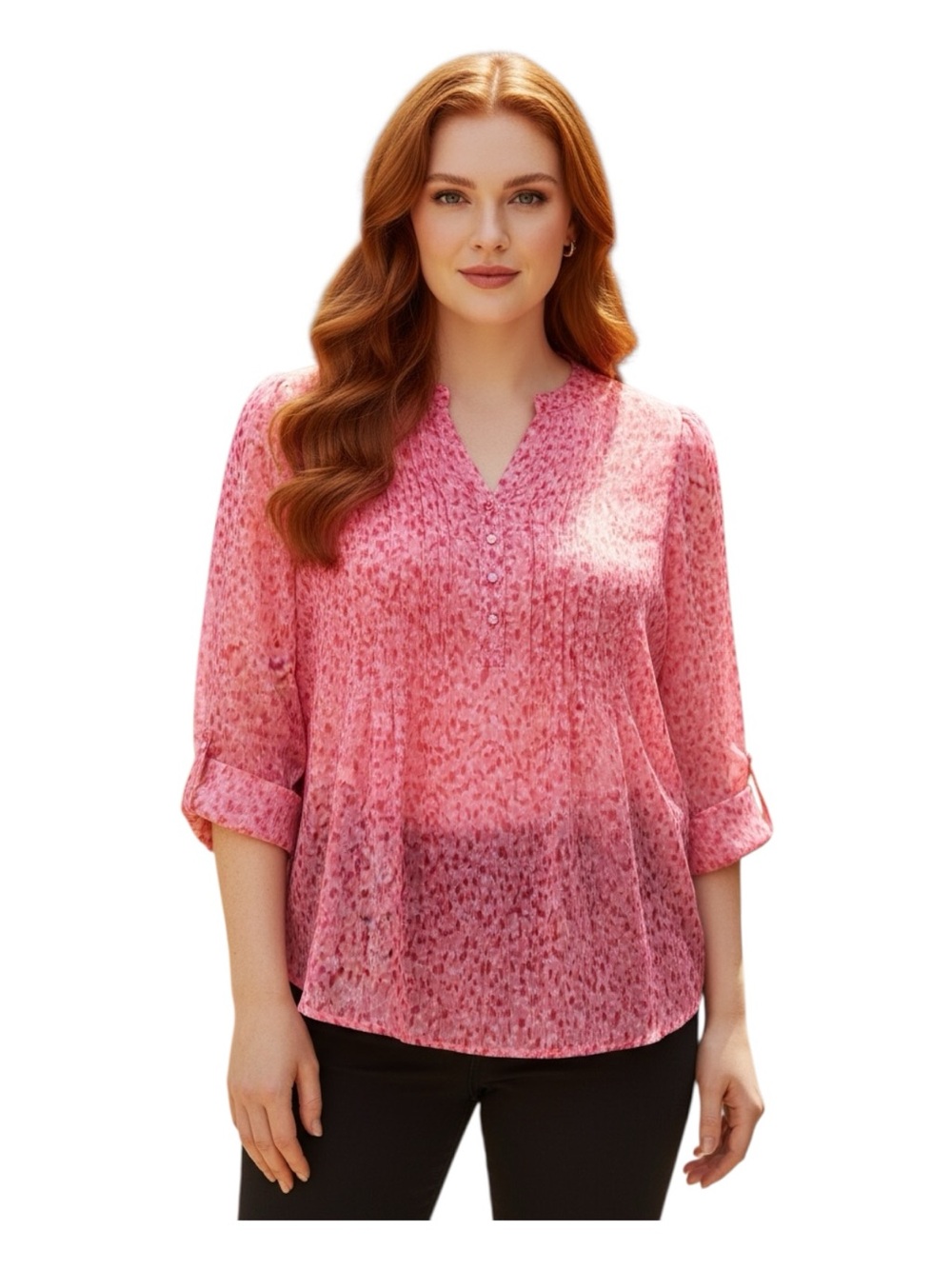 Kim Rogers Plus Size XXL Pink Printed V-Neck Roll-Tab Blouse